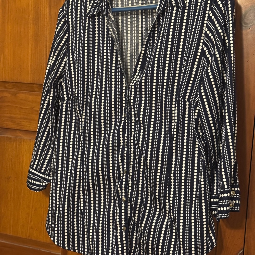 New York & Company Navy and White Polka Dot Blouse